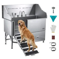 VEVOR 304 Edelstahl-Hundewaschstation, 154,9 cm große Pflegebadewanne mit rutschfester, flacher Rampe, Schublade, Warm- und Kaltwasserhahn, All-in-One-Badewanne für Pflegesalons, für alle Größen geeignet (linke Tür)