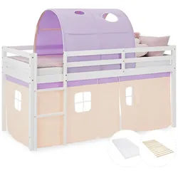 Homestyle4u Hochbett 90/200 cm in weiß mit Lattenrost Matratze + Betttunnel Peach , Violett, Weiß , Textil , 90x200 cm , Babymöbel & Kindermöbel, Kinderzimmer & Jugendzimmer, Kinderbetten, Hochbetten