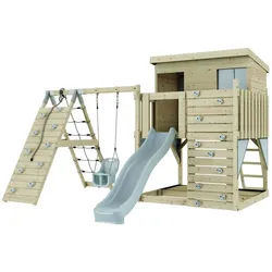 OutdoorToys Spielturm Emil, aus Holz in Eisblau mit Babyschaukel & Rutsche, Kletterwand blau
