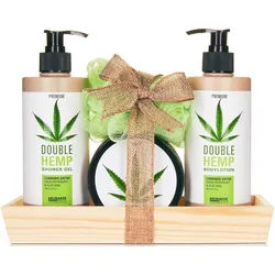 BRUBAKER Pflege-Geschenkset Hanf Beauty Geschenkset mit Minze & Aloe Vera Duft, 5-tlg., Damen Badeset mit Deko-Tablett aus Holz, Beauty Pflegeset für Frauen grün