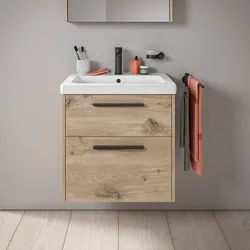 Duravit D-Code Waschtischunterschrank 60 cm mit Keramikwaschtisch, mit 2 Auszügen, Griff schwarz, Badmöbel,