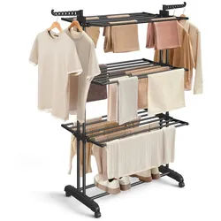 SONGMICS Wäscheständer Turm Standtrockner 4 Ebenen, Flügelwäscheständer, einfacher Aufbau, klappbare Flügel, mit Rollen, 63,5 x 128 x 173 cm schwarz 128 cm x 173 cm