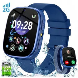 SWGOTA 800mAh 2G Smartwatch Kinder mit Telefonfunktion,Unterstützung für SOS Smartwatch (1,83 Zoll) mit 31 Spiele, Schulmodus,Foto,Video,Wecker, IP68 Fitness Tracker Kompatibel mit Android und iOS blau