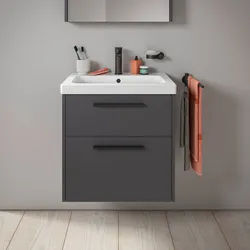 Duravit D-Code Waschtischunterschrank 60 cm mit Keramikwaschtisch, mit 2 Auszügen, Griff schwarz, Badmöbel,