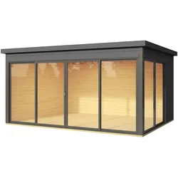 Weka Designhaus 412 Gr. 2 mit Glasschiebetür (Homeoffice-Gartenhaus) - 44 mm Graphitgrau 418 x 322 cm - 50 % Rabatt auf Dacheindeckung