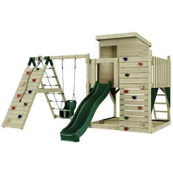 OutdoorToys Spielturm Freja, aus Holz in Dunkelgrün mit Babyschaukel & Rutsche, Kletterwand grün