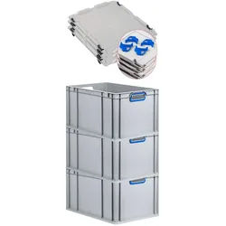 PROREGAL 3x Eurobox NextGen Color mit Auflagedeckel & Schiebeschnappverschlüsse | HxBxT 32x40x60cm | 65L | Griffe blau offen