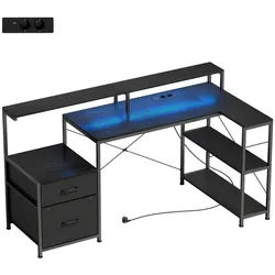 Homcom Gaming Tisch L-förmiger 165 x 80 cm Schreibtisch mit LED & Steckdosen 2 Schublad , Schwarz , Textil , L-Form,Rechteckig , eckig , 80x91.5x165 cm , Büromöbel, Schreibtische, Computertische