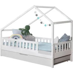Mid.you Hausbett , Weiß , Holz , Birke,Kiefer , Schichtholz,massiv , Höhe ca. 16 cm , seitenverkehrt montierbar , 120x200 cm , transformierbar, nur für Rollroste geeignet, bodentiefer Einstieg , Babymöbel & Kindermöbel, Kinderzimmer & Jugendzimmer, Kinderbetten, Spielbetten