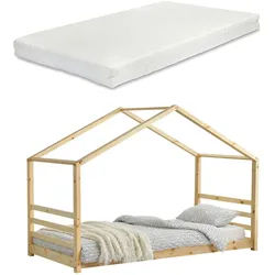 [en.casa] Hausbett Vardø mit Matratze , Naturfarben , Textil , Kiefer , 90x200 cm , Babymöbel & Kindermöbel, Kinderzimmer & Jugendzimmer, Kinderbetten, Spielbetten