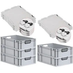 PROREGAL SuperSparSet 5x Eurobox NextGen Color mit Scharnierdeckel & Verschlüssen, HxBxT 17x40x60cm, 34L, Grau, Griffe schwarz offen, Eurobehälter