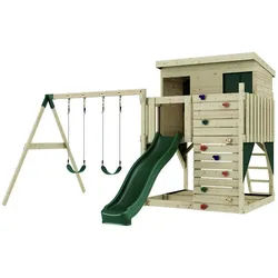 OutdoorToys Spielturm Nils, aus Holz in Dunkelgrün mit Kinderschaukel & Rutsche, Kletterwand grün