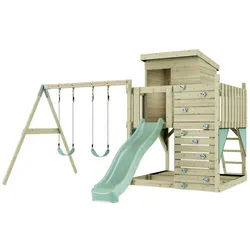 OutdoorToys Spielturm Björn, aus Holz in Mintgrün mit Kinderschaukel & Rutsche, Kletterwand grün