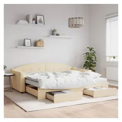 vidaXL Bett, Tagesbett Ausziehbar mit Schubladen Creme 90x200 cm Stoff