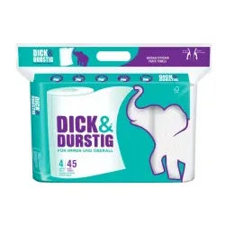 Hakle® Dick & Durstig Küchenrollen, 2-lagig, Saugstarke und reißfeste Küchentücher für alltägliche Anwendungen, 1 Packung = 4 Rollen à 45 Blatt