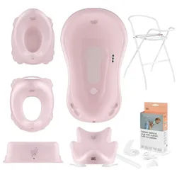 Hylat Baby Babybadewanne Baby Badewanne Set mit / ohne Gestell und Badewannensitz - Hug Me, (7-teiliges SET, 7-tlg), Babywanne set 7 - TÜV Rheinland zertifiziert rosa