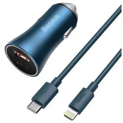 Golden Contactor Pro car charger USB + USB-C QC4.0+ PD SCP 40W (blue) + USB-C - Lightning cable 1m (blue)
