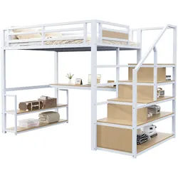 Okwish Hochbett 140/200 cm Weiß Metall mit Regalen und Tisch aus Mdf , 140x200 cm , Babymöbel & Kindermöbel, Kinderzimmer & Jugendzimmer, Kinderbetten, Hochbetten