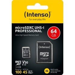 Intenso microSDXC Card 64GB, Professional, Class 10, U1 (R) 100MB/s, (W) 45MB/s, SD-Adapter, Retail-Blister