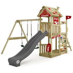 Wickey Spielturm FarmFlyer mit Rutsche, Anbaumodulen & Spielhaus in Bauernhof-Optik, Perfekt für kleine Abenteurer mit 10 Jahren Garantie* grau|rot