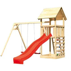 Akubi Kinderspielturm Lotti mit Satteldach inkl. Wellenrutsche, Doppelschaukelanbau und Kletterwand rot