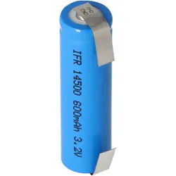 3,2 Volt Solar Akku Lithium IFR 14500 AA 600mAh LiFePo4 Akku mit Kopf ungeschützt 14,2 x 50,6mm, mit Lötfahnen in U-Form