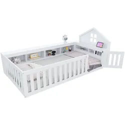 Okwish Kinderbett 90/200 cm Weiß mit Dachleiste und Stauraum , Holz , 90x200 cm , Babymöbel & Kindermöbel, Kinderzimmer & Jugendzimmer, Kinderbetten