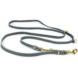 CopcoPet Hundeleine Fettlederleine Hundeleine geflochten dreifach verstellbar Messing, Leder grau 3 m x 18 mm