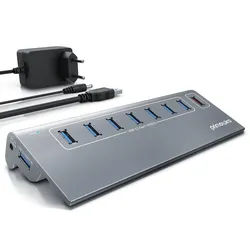 Primewire 8 Port USB 3.2 Gen.1 Port Hub - 8 x USB 3.2 Gen1, Davon 1x USB Ladeport smart Charge - 8 Port Verteiler mit Netzteil - Alugehäuse - für PC