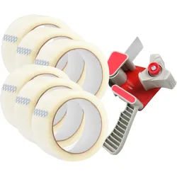 Packbandabroller und 6 Rollen Packband, transparent, Kunststoff, grau|transparent