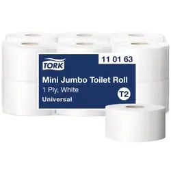 Tork Mini Jumbo Toilettenpapier T2 Advanced, 1-lagig, weiß, Perforiert & weich, 1 Paket = 12 Rollen à 240 Meter