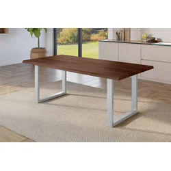 SAM® Esstisch Jonas, Holz Nussbaum-Optik, verschiedene Metallgestelle, Baumkante braun 220 cm x 77 cm x 100 cm