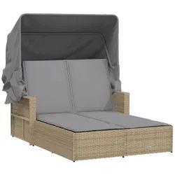 vidaXL Gartenliege Doppel-Sonnenliege mit Dach und Auflagen Beige Poly Rattan, 1 St.