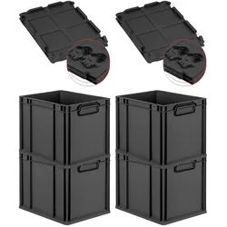 PROREGAL SuperSparSet 4x Eurobox NextGen Color mit Scharnierdeckel & Verschlüssen, HxBxT 32x30x40cm, 30L, Schwarz, Griffe schwarz zu, Eurobehälter