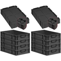 PROREGAL SuperSparSet 8x Eurobox NextGen Color mit Scharnierdeckel & Verschlüssen, HxBxT 12x40x60cm, 23L, Schwarz, Griffe schwarz zu, Eurobehälter