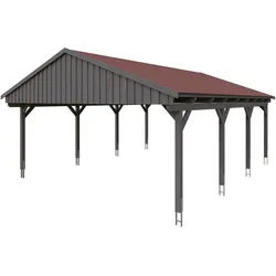 Skan Holz Fichtelberg - Satteldach Doppelcarport Breite 423 cm Gr. 2 - 618 x 808 cm Dachschalung mit Dachschindeln (rot) schiefergrau Holzcarport