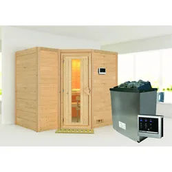 Karibu Sahib 2-Sauna 40mm -Eckeinstieg - Exklusivoptik-9 kW Ofen inkl. Steuergerät-ohne Dachkranz- Energiesparende Saunatür