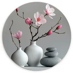 MuchoWow Wandbild Magnolie - Blumen - Rosa - Zen-Steine 90x90 cm , Hellgrau , Kunststoff , Rund , 90x90 cm , einfache und schnelle Anbringung , Bilder & Rahmen, Bilderrahmen, Bilderrahmen & Fotorahmen