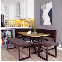 AN FURNITURE STORE Eckbankgruppe Eckbank ALINA Metall Set, (Eckbank mit Tisch, Sitzbank und Hocker), Tischplatte 32 mm, Farbe ARTISAN OAK, pulverbeschichtetes Metallprofil braun