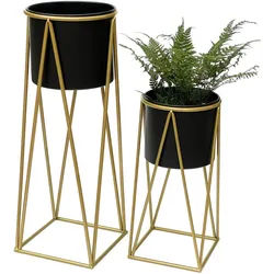 DanDiBo Blumenhocker mit Topf Metall Gold Schwarz 2er Set Blumenständer Blumensäule Modern Pflanzenständer Pflanzenhocker , 22x47x22 cm , Wohnzimmer, Wohnzimmertische, Blumenständer
