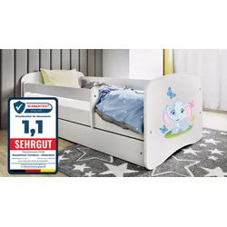 Raumhirsch Furniture Kinderbett 70x140, 80x160, 80x180 cm - Komplettset mit Schublade (Bett für Mädchen, Einzelbett Kinder 2–12, mit Rausfallschutz & Lattenrost), verschiedene Farben & Designs weiß