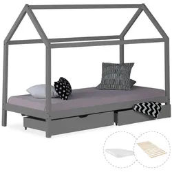 Homestyle4u Hausbett mit Matratze mit Stauraum 90/200 cm Grau , Holz , 206x160x98 cm , Babymöbel & Kindermöbel, Kinderzimmer & Jugendzimmer, Kinderbetten, Spielbetten