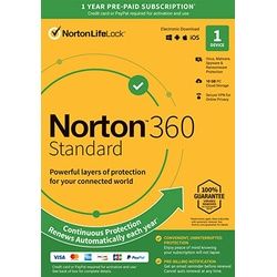 Norton 360 Standard (1 Jahr / 1 Gerät) + 10 GB Cloud-Speicher (Neueste Version + kostenlose Updates)