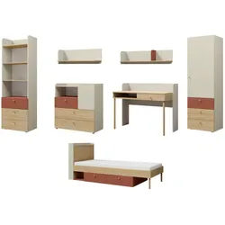 Deine Möbel 24 Jugendzimmer-Set Yogi B 7-teilig in Graubeige / Geölte Eiche / Koralle , Greige, Eichefarben, Koralle , Holzwerkstoff , 427x185x217 cm , Babymöbel & Kindermöbel, Kinderzimmer & Jugendzimmer, komplette Jugendzimmer
