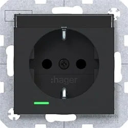 Hager WAS1402BM Schutzkontaktsteckdose mit K-LED, mit Beschriftungsfeld, erhöhter Berührungsschutz, Schraubliftklemmen, A.x/C.x, nachtschwarz matt