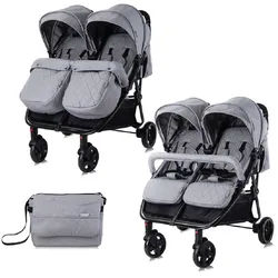 Lorelli Zwillingskinderwagen Duo klappbar verstellbar Fußabdeckung Wickeltasche hellgrau