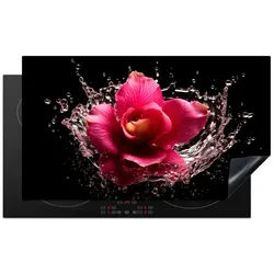 MuchoWow Herd-Abdeckplatte Blumen - Rosa - Wasser - Schwarz - Botanisch - Natur, Vinyl, (1 tlg), Kochfeld Abdeckung Ceranfeld, Induktionsschutzmatte, 91.2x52 cm 91.2 cm x 52 cm x 0.2 cm