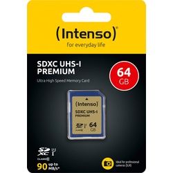 Intenso SDXC-Card 64GB, Premium, Class 10, U1, UHS-I (R) 90MB/s, (W) 10MB/s, Retail-Blister