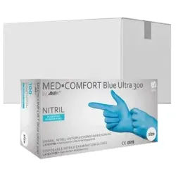 MED-COMFORT Blue Ultra 300 Nitrilhandschuhe, puderfrei, blau, Unsterile und lange Einmalhandschuhe mit guter Griffigkeit, 1 Karton = 10 Packungen à 100 Stück, Größe XL