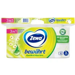 Zewa Bewährt Toilettenpapier, 3-lagig, Kamille & Aloe Vera, Toilettentuch mit Strohanteil, 1 Packung = 16 Rollen à 150 Blatt